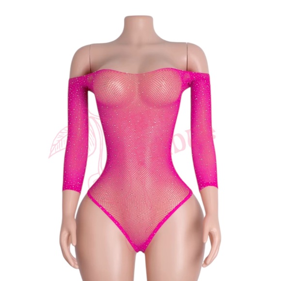 HOT PINK Rhinestoned Fishnet Bodysuit - EXOTIC DANCEWEAR - Picture 2 of 5